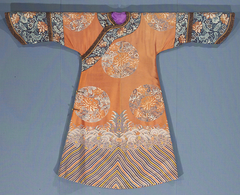 清代服装花纹图案 19世纪橙色地团花吉服袍