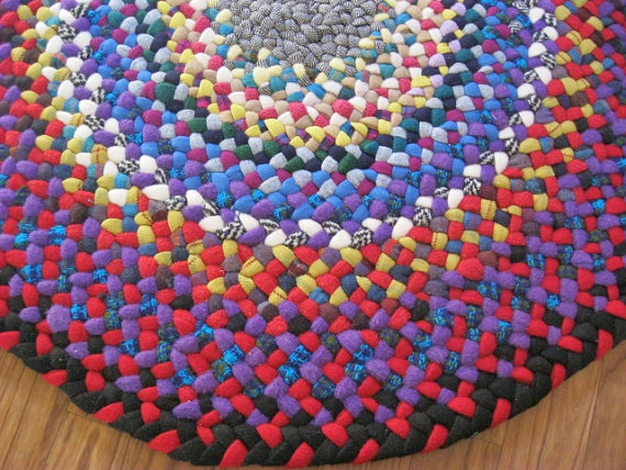 New Ready To Ship 31" Braided Wool Round Braided Rug in Crimson Red and Plush Purple from vintage wool