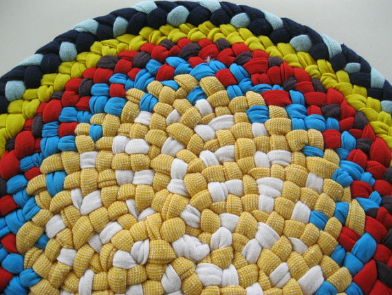 Braided Rug-Mat-Hot Pad-Table Centerpiece in Red-Turquoise-Yellow from recycled cotton