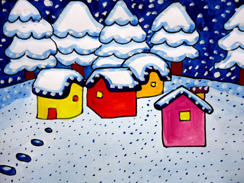 水彩画风景作品-冬天雪景