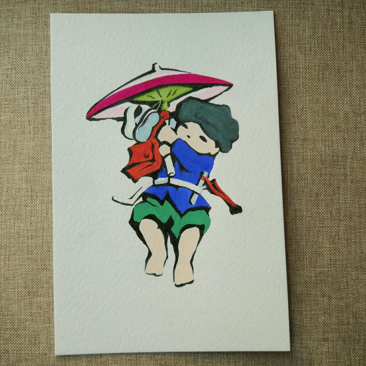 宋宋优秀的手绘画童趣主题系列之打伞的小男孩