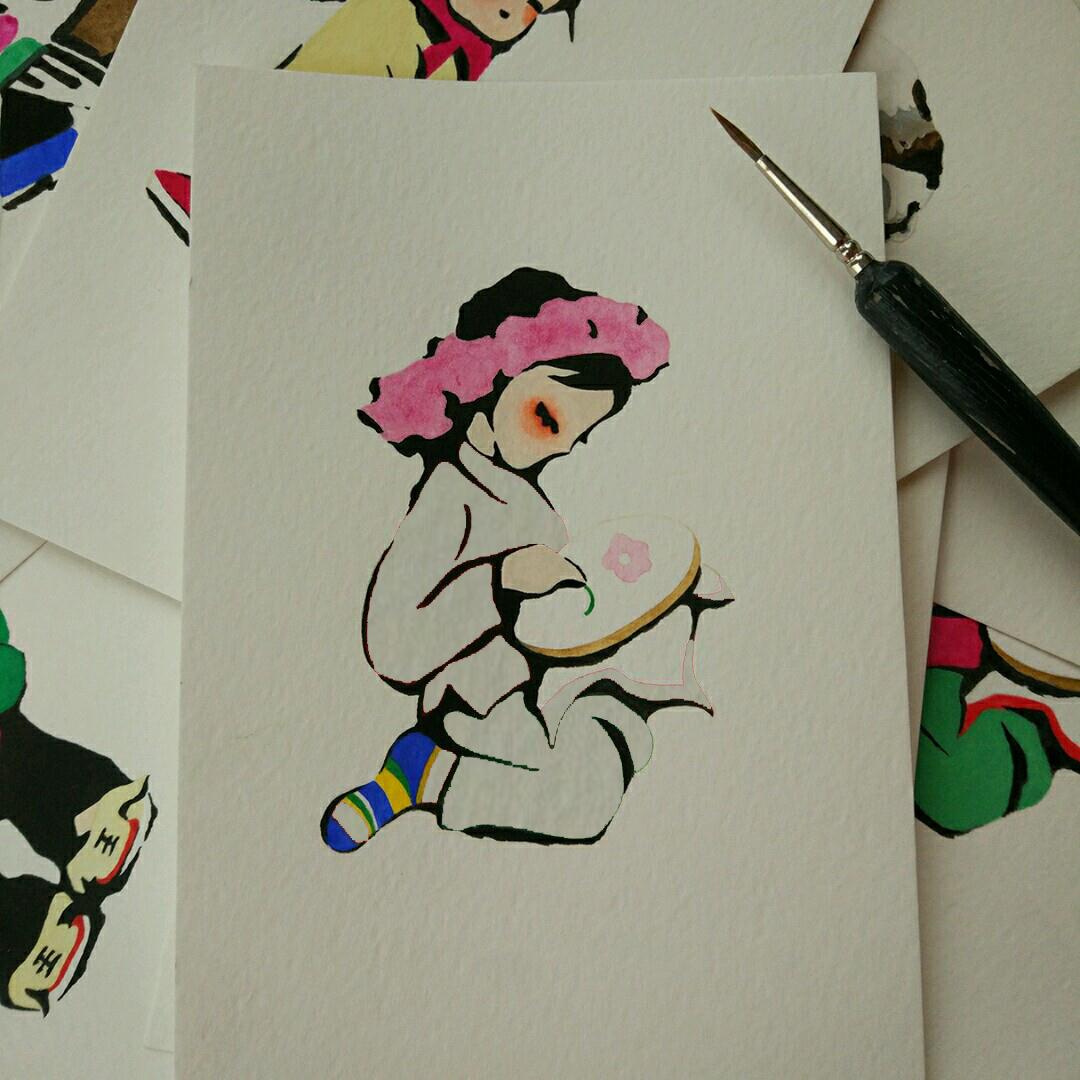 漂亮的绣花小女孩手绘画 宋宋原创DIY童趣手绘作品
