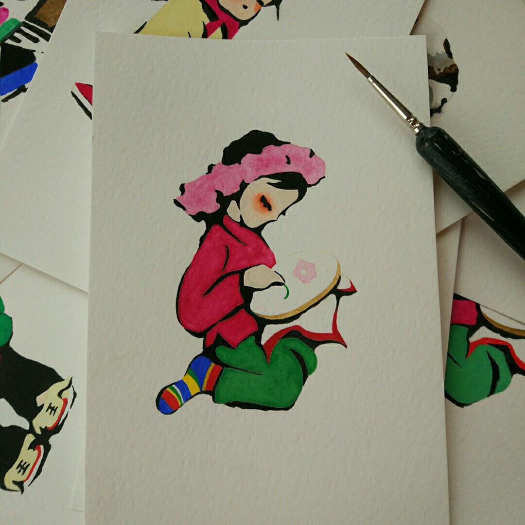 漂亮的绣花小女孩手绘画 宋宋原创DIY童趣手绘作品