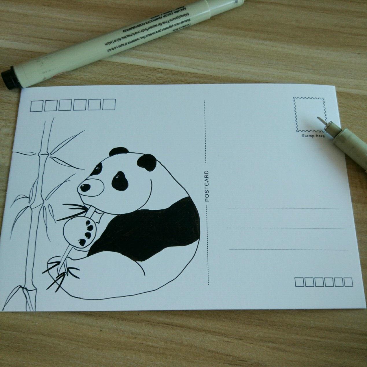 可爱的大熊猫手绘画步骤图 简单的装饰画明信片