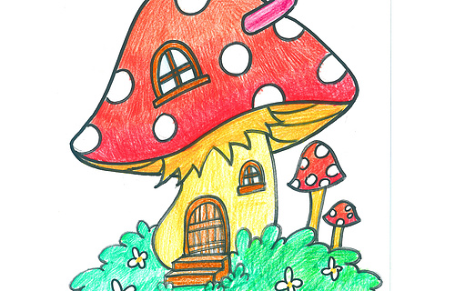 儿童画蘑菇一样的小房子蜡笔画可打印线稿