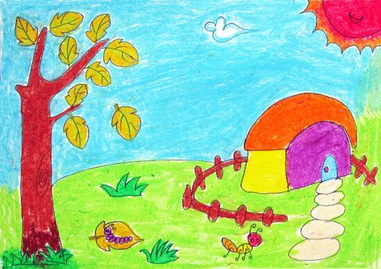 儿童画秋天的图画：秋天的小乡村（儿童画作品）