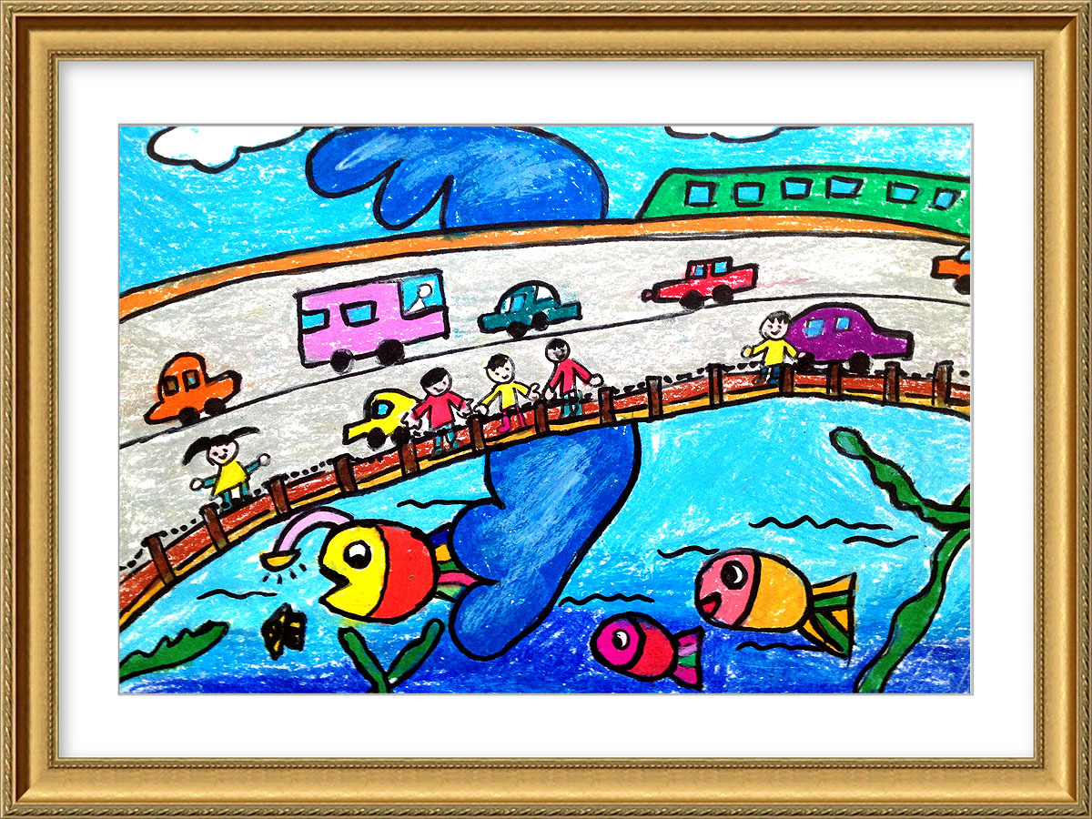 儿童画，油棒画，未来的桥