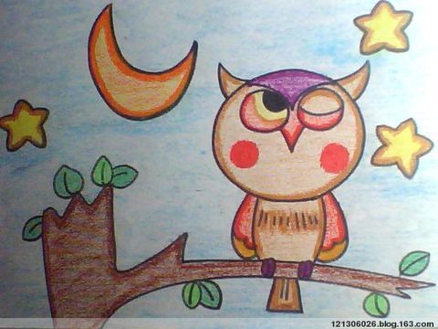 儿童蜡笔画：可爱的猫头鹰