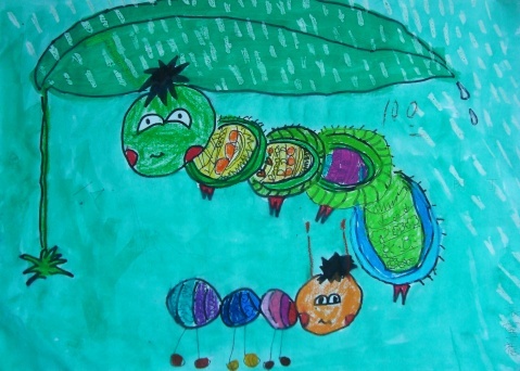关于春天的儿童画：躲雨的小虫子