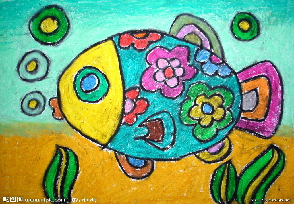儿童蜡笔画：美丽的海鱼（图片）