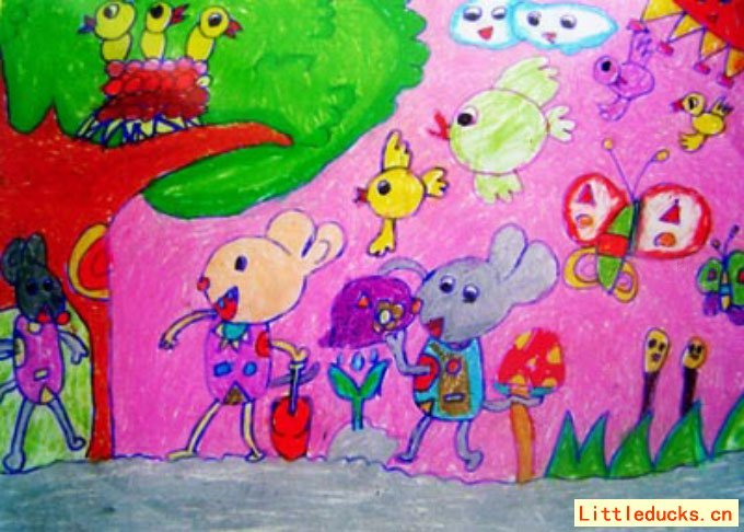 幼儿园幼儿绘画作品：小动物迎春