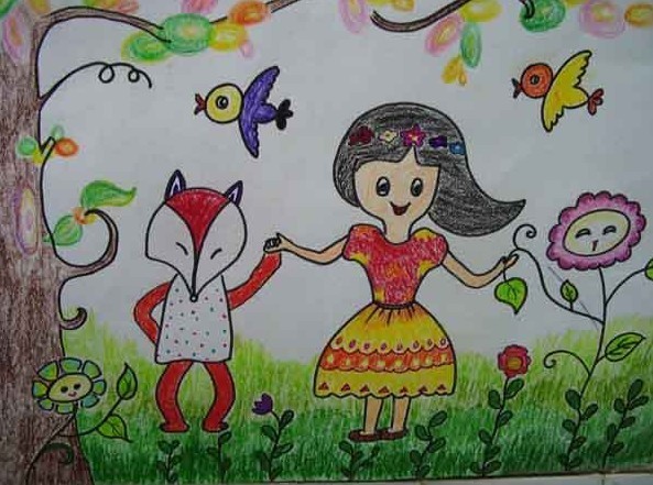 儿童蜡笔画：我和小狐狸