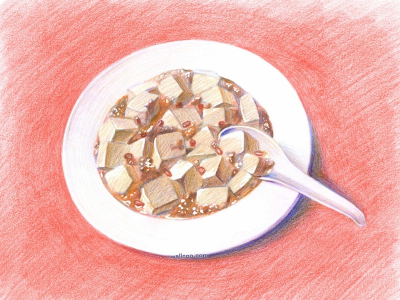 彩色铅笔画：美味的麻辣豆腐（儿童铅笔画）
