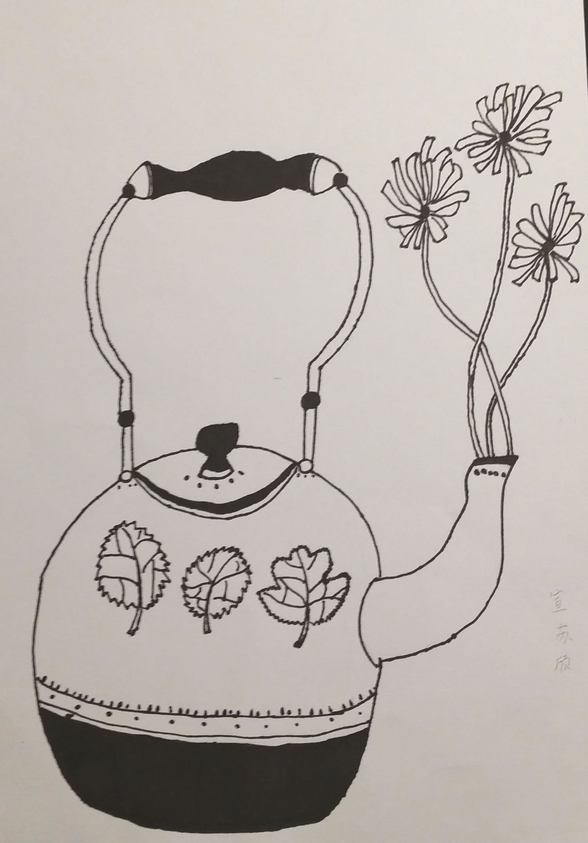 线描画作品图片：茶壶花瓶