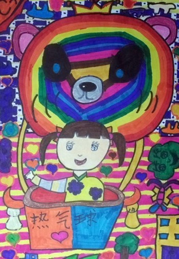 六一儿童节儿童画：乘坐热气球（图片）