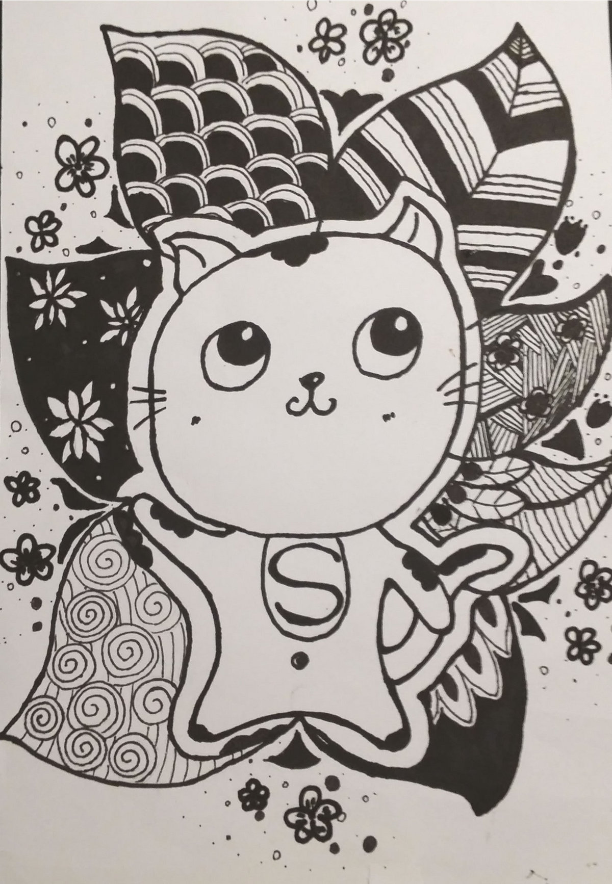线描画作品图片：花丛中的小猫咪