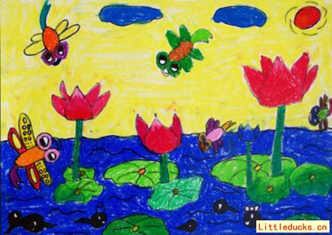 儿童绘画图片：蜻蜓戏荷