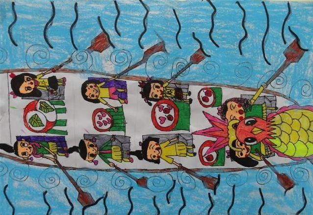 端午节儿童画：划龙舟的欢乐