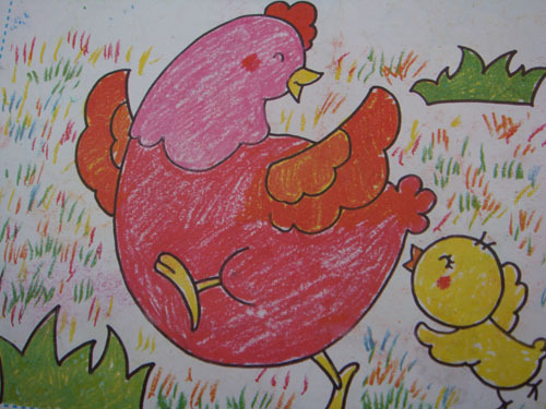 儿童画作品图片：鸡妈妈和小鸡的游戏