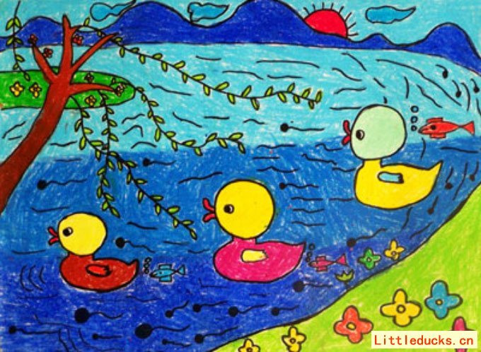 幼儿园幼儿绘画作品：春暖花开小鸭戏水