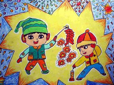 关于春节的儿童画：我和小伙伴放鞭炮