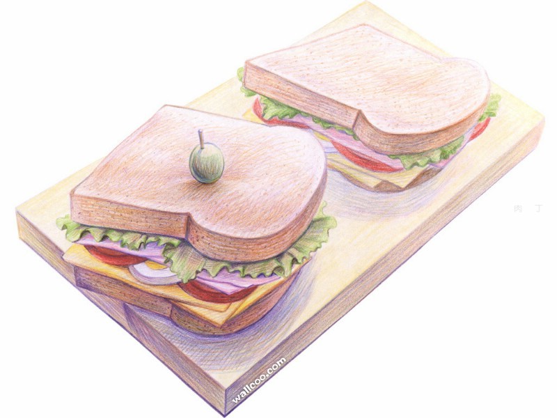 彩色铅笔画：可口的三明治（儿童铅笔画）