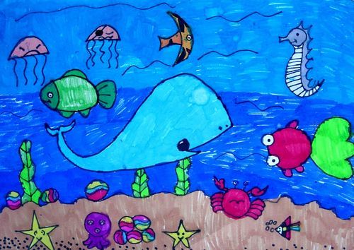 海底世界儿童画作品：五彩缤纷的海洋（儿童画图片）
