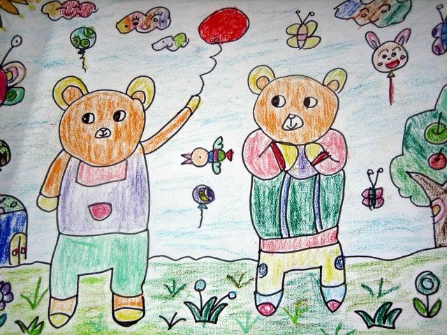儿童画春天图片：春天里的小熊
