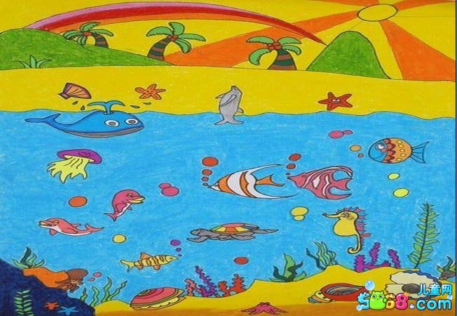 海底世界儿童画图片：海底鱼儿可真多啊