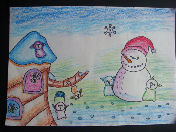 儿童蜡笔画：冬天的雪人（图片）