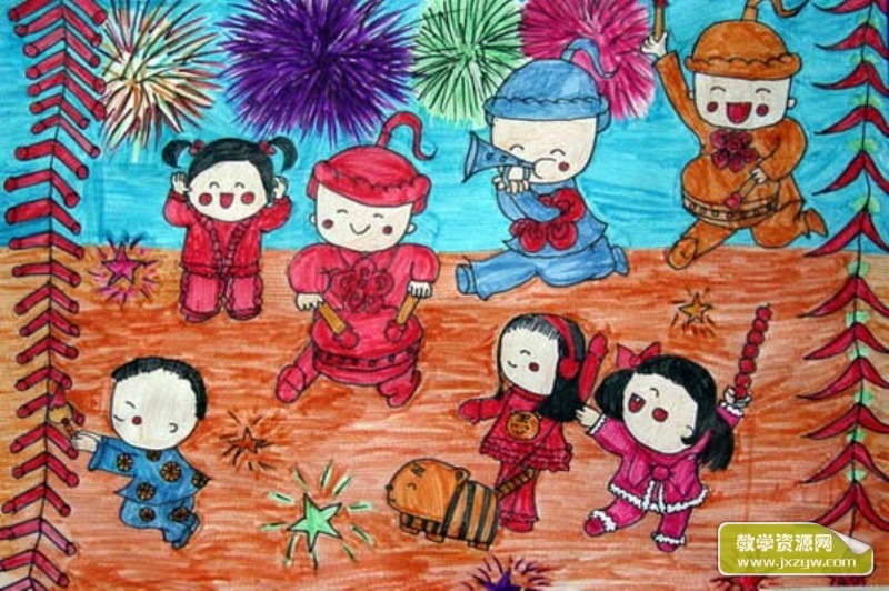 关于春节的儿童画：欢欢喜喜闹新年