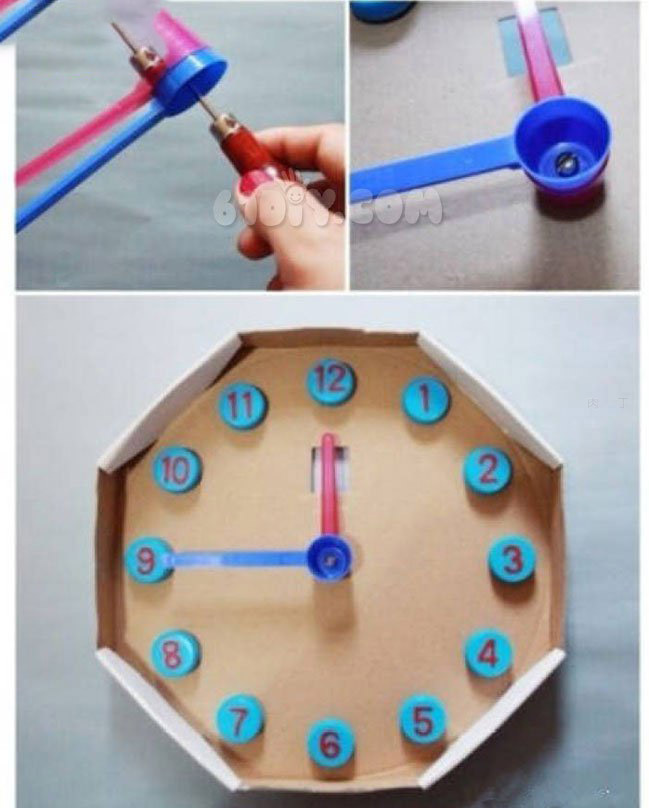 废纸盒瓶盖制作玩具时钟