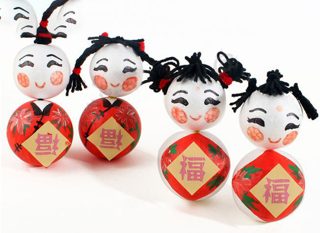 儿童新年手工 泡沫球制作中国娃娃