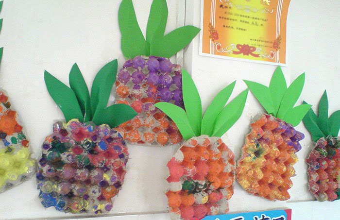 儿童废物利用手工 鸡蛋托制作菠萝