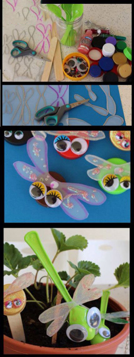 塑料勺子和瓶盖制作蜻蜓