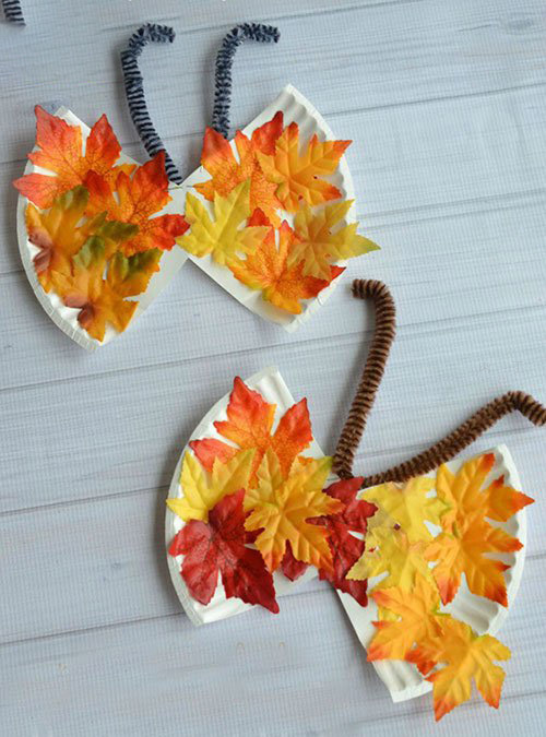 儿童秋天手工 用树叶纸盘制作蝴蝶